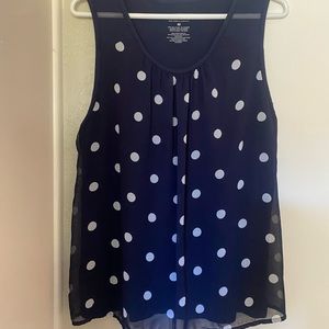 NY & Co blue dot overlay with sheer fronts at shoulders.